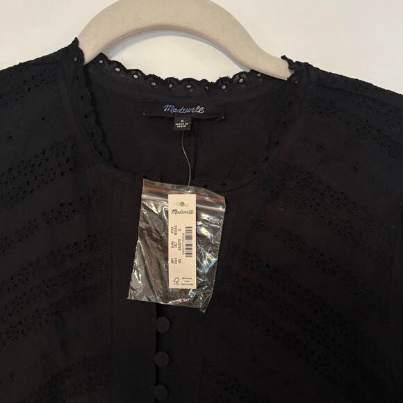 NWT Madewell Eyelet Flutter Sleeve Mini Dress in Cotton In Black Size 0 - Picture 5 of 8